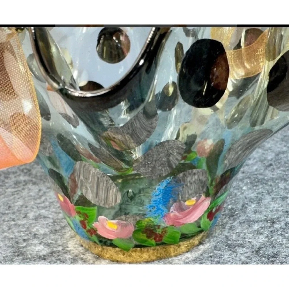 MacKenzie Childs Circus Collection Glass Basket Handpainted Ruffled Floral Bow